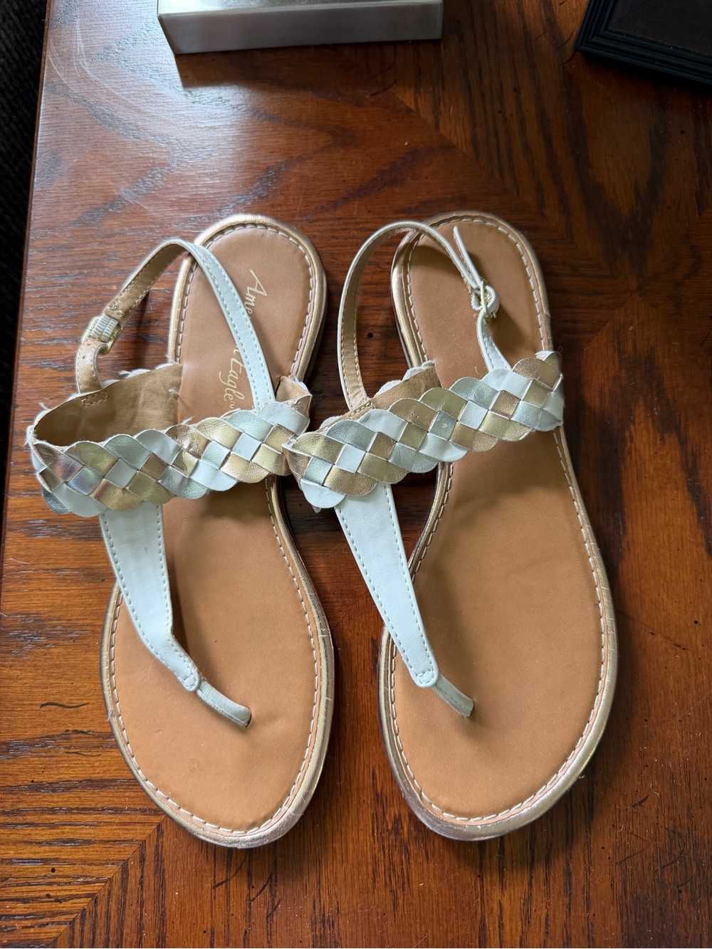 American Eagle Outfitters Braided Metallic Thong Sandals - Gold & White